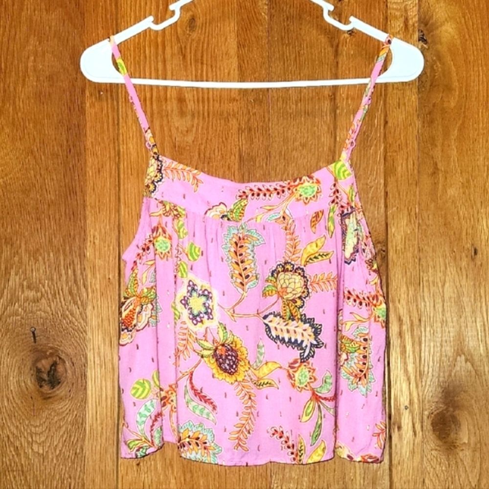 Aerie Pink & Yellow Floral Hawaiian Strappy Camisole Relaxed Crop Top, XS